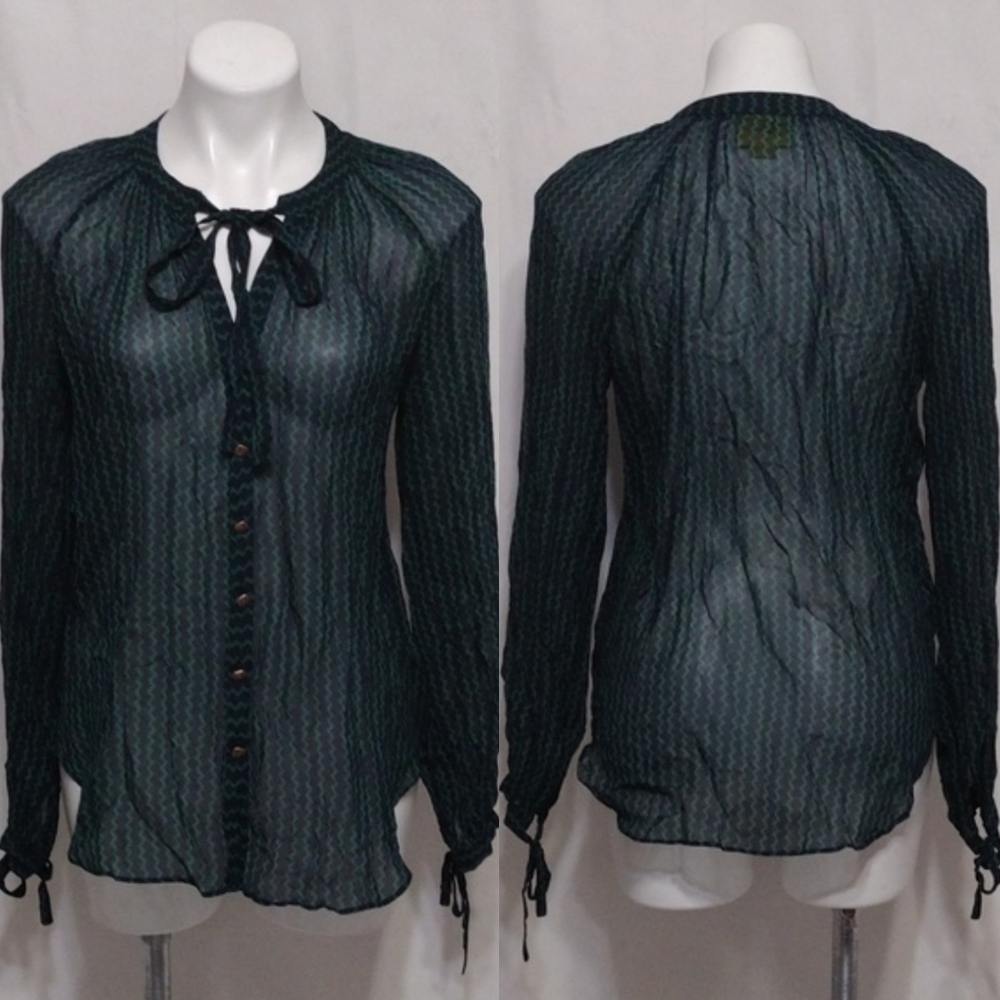 Maeve Anthropologie Sheer Chevron Boho Button Up Tie Neck Blouse Long Sleeve S